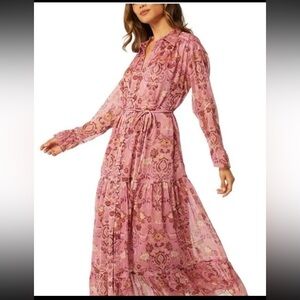 $445 MISA Los Angeles Women Pink Leigh Floral Tiered Shirt Maxi Dress Size XS